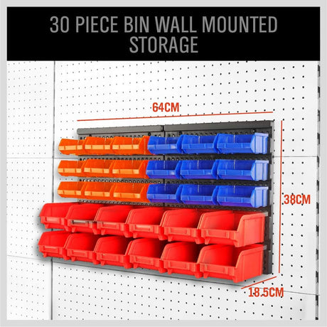 SEDY 30-bin wall mounted parts rack with pegboard panel, assorted color-coded storage bins, ideal for garage, workshop, and tool room organization