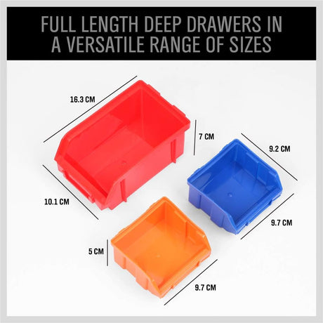 SEDY 30-bin wall mounted parts rack with pegboard panel, assorted color-coded storage bins, ideal for garage, workshop, and tool room organization