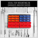 SEDY 30-bin wall mounted parts rack with pegboard panel, assorted color-coded storage bins, ideal for garage, workshop, and tool room organization