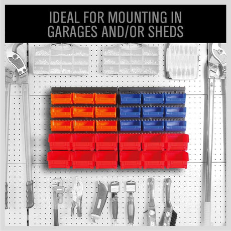 SEDY 30-bin wall mounted parts rack with pegboard panel, assorted color-coded storage bins, ideal for garage, workshop, and tool room organization
