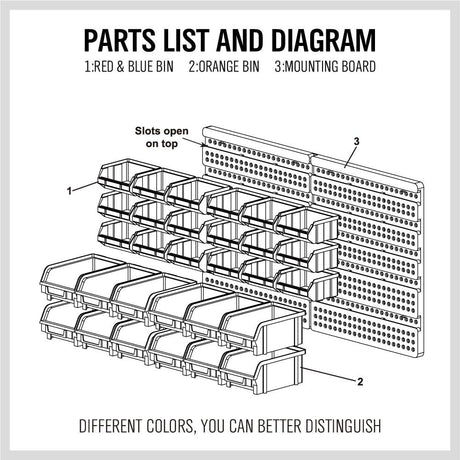 SEDY 30-bin wall mounted parts rack with pegboard panel, assorted color-coded storage bins, ideal for garage, workshop, and tool room organization