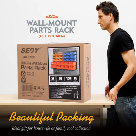 SEDY 30-bin wall mounted parts rack with pegboard panel, assorted color-coded storage bins, ideal for garage, workshop, and tool room organization
