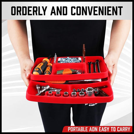 Flexible non-slip silicone tool trays with magnetic parts section, ideal for organizing tools, screws, and hardware in workshops and garages
