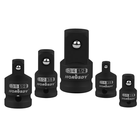 HORUSDY 5-piece impact socket adapter and reducer set with black oxide finish and Cr-V steel for heavy-duty automotive and DIY use