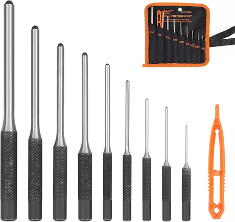 9-piece steel roll pin punch set with textured handles and hemispherical tips for precision work