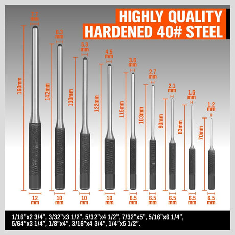 9-piece steel roll pin punch set with textured handles and hemispherical tips for precision work