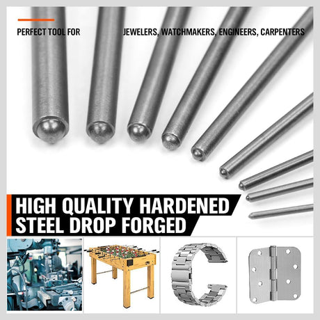 9-piece steel roll pin punch set with textured handles and hemispherical tips for precision work