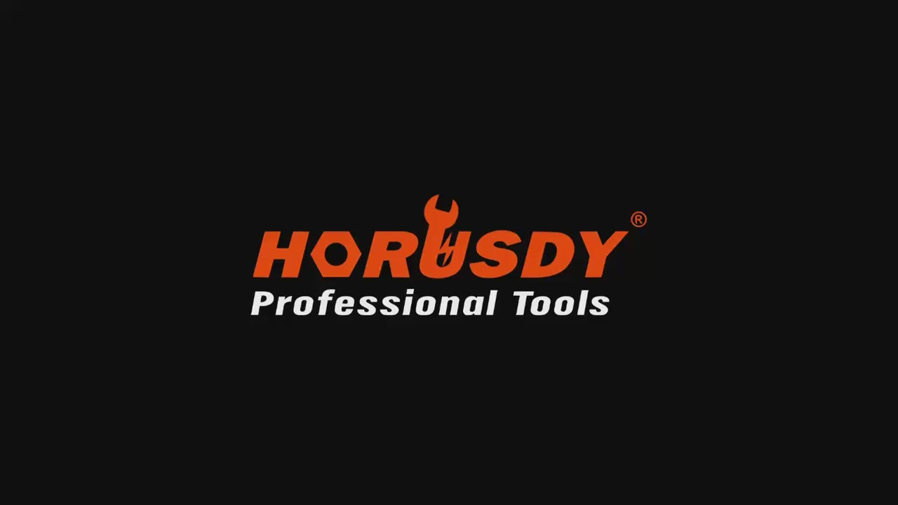 HORUSDY 50-piece 3/8 inch drive master impact socket set with SAE and metric sockets, ratchet handle, and accessories in orange storage case
