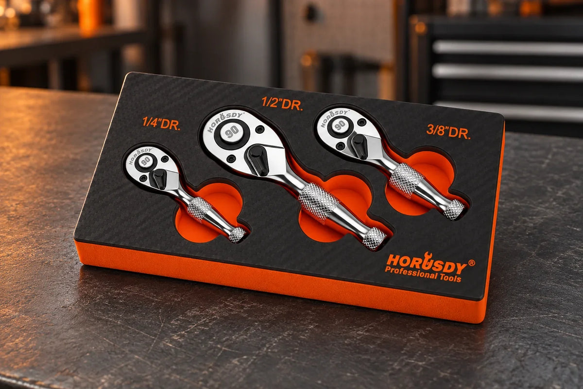 3-piece stubby ratchet set | 90-tooth design on a garage workbench