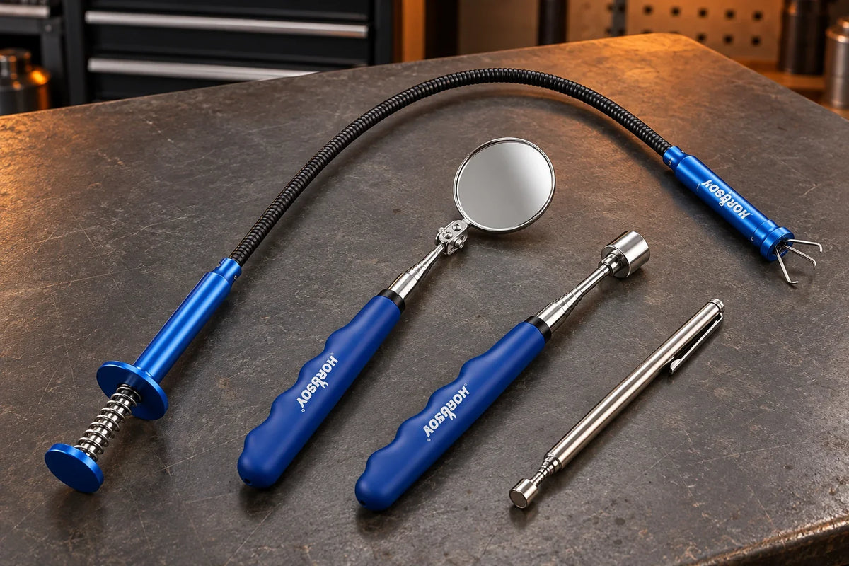4-piece magnetic pickup and inspection kit on a garage workbench