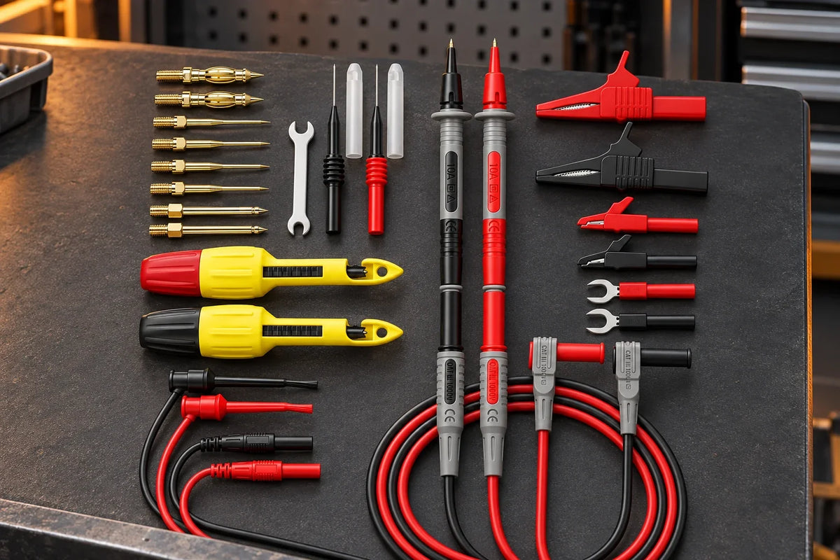 29-piece multimeter test lead set on a garage workbench