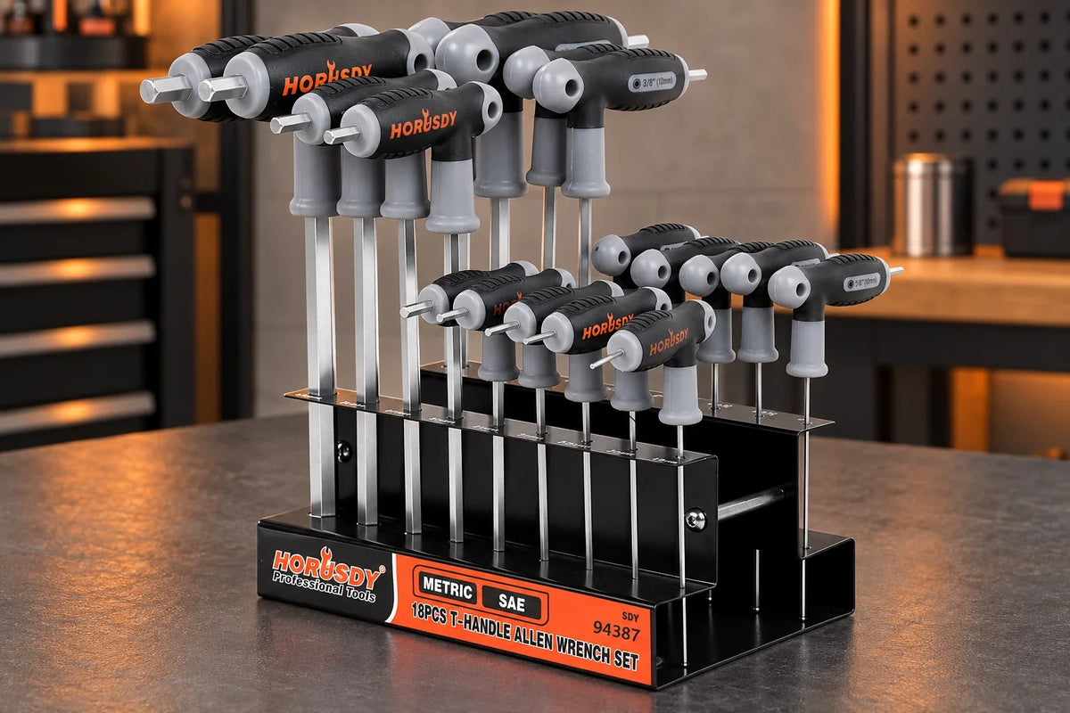 18-piece T-handle hex key set | Metric + SAE on a garage workbench
